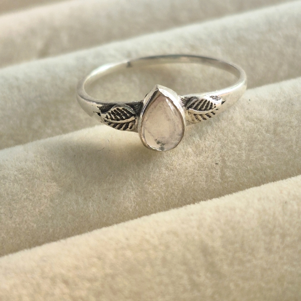 925 Natural Silver Rose Quartz Teardrop Ring